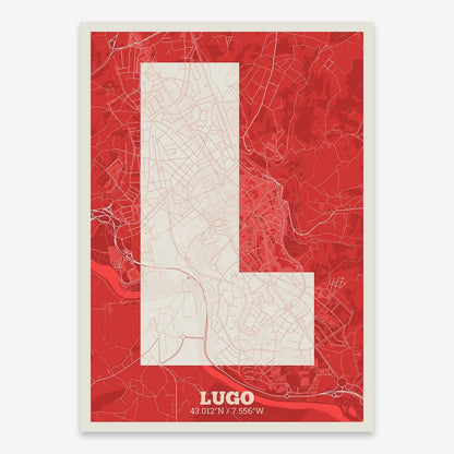 The map of Lugo composed with letters in a heavy geometric font printed on red and an off-white background