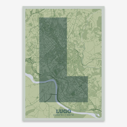 The map of Lugo composed with letters in a heavy geometric font printed on two green tones