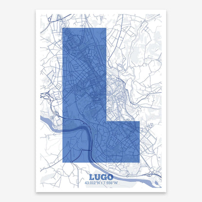 The map of Lugo composed with letters in a heavy geometric font printed on navy blue and white
