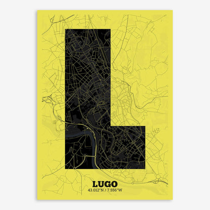 The map of Lugo composed with letters in a heavy geometric font printed on black and yellow