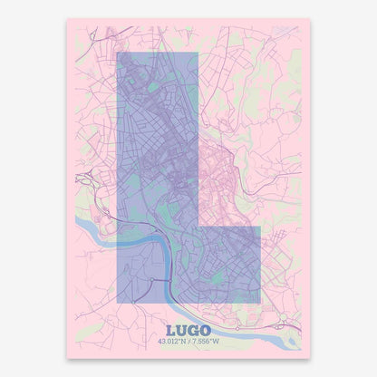 The map of Lugo composed with letters in a heavy geometric font printed on pink and light blue
