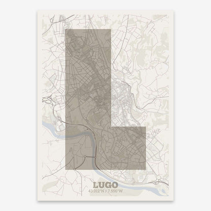 The map of Lugo composed with letters in a heavy geometric font printed on light brown and an off-white background