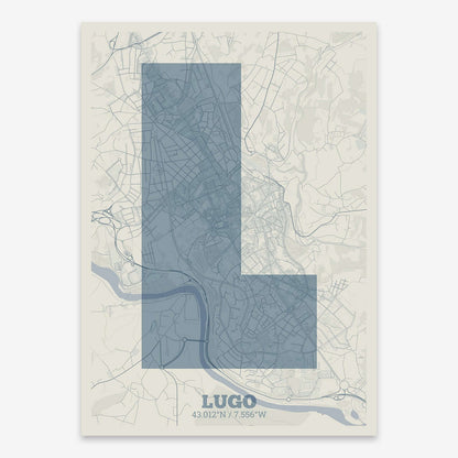 The map of Lugo composed with letters in a heavy geometric font printed on bluish gray and an off-white background