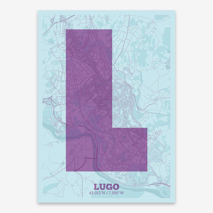 The map of Lugo composed with letters in a heavy geometric font printed on purple and light blue