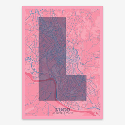 The map of Lugo composed with letters in a heavy geometric font printed on violet y pink background