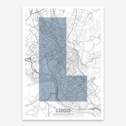 The map of Lugo composed with letters in a heavy geometric font printed on black and white