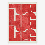 Poster of Lugo composed with letters from its abbreviation or its airport IATA code printed on red and an off-white background