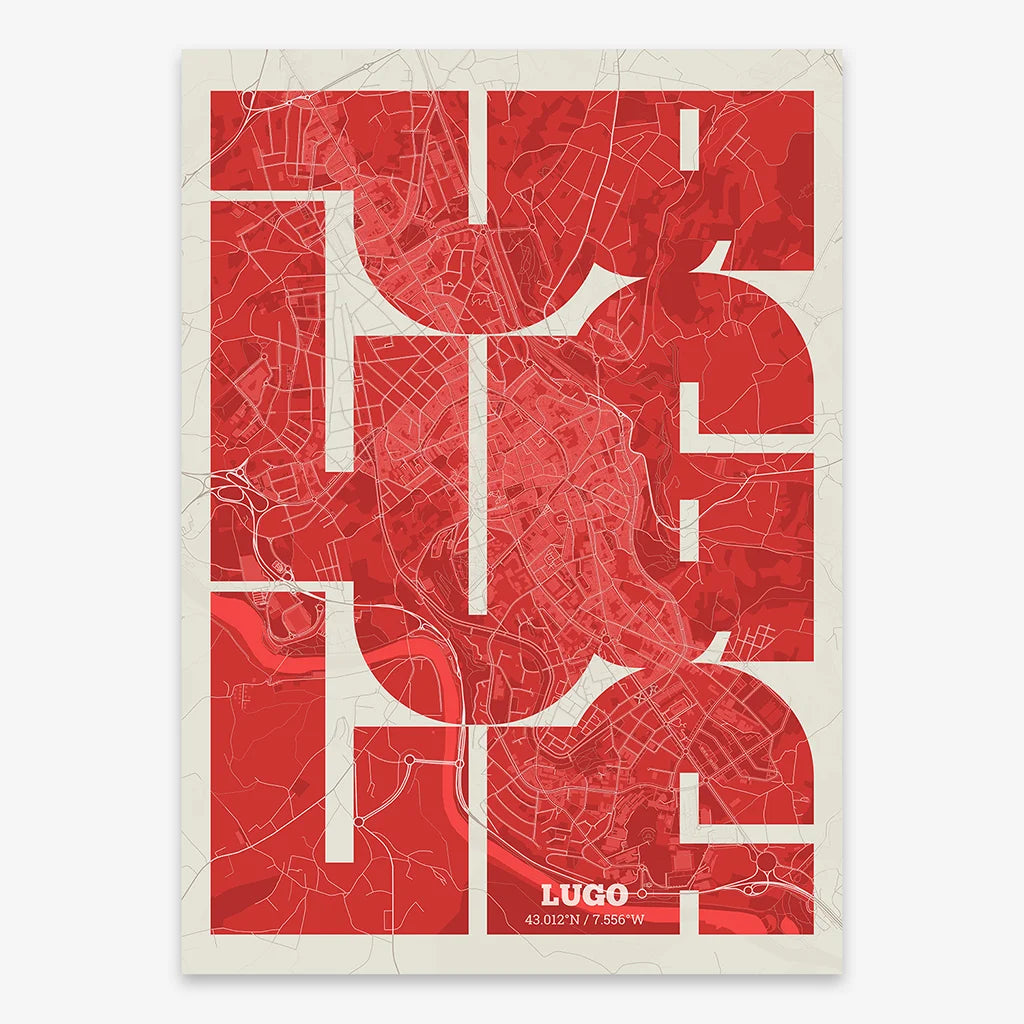 Poster of Lugo composed with letters from its abbreviation or its airport IATA code printed on red and an off-white background