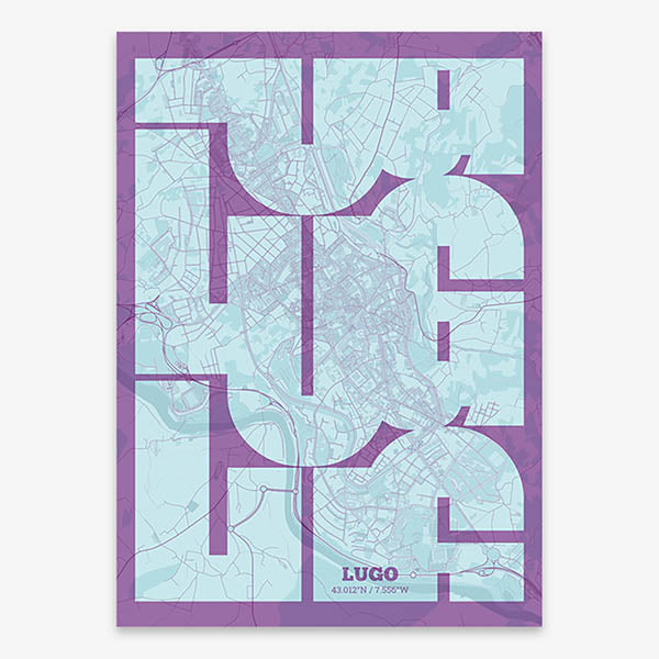 Poster of Lugo composed with letters from its abbreviation or its airport IATA code printed on purple and light blue