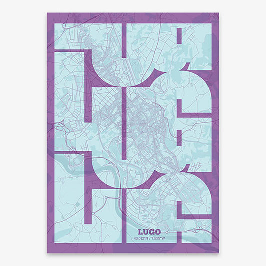 Poster of Lugo composed with letters from its abbreviation or its airport IATA code printed on purple and light blue