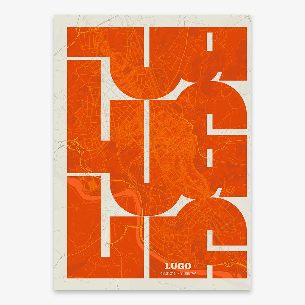 Poster of Lugo composed with letters from its abbreviation or its airport IATA code printed on orange and an off-white background