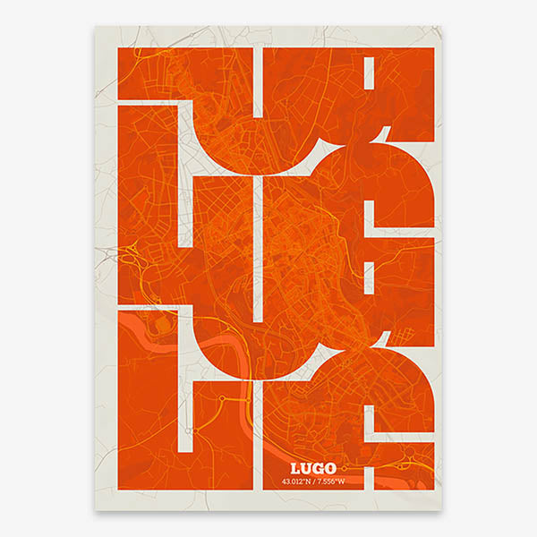 Poster of Lugo composed with letters from its abbreviation or its airport IATA code printed on orange and an off-white background