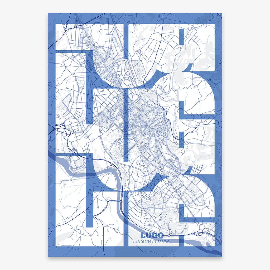 Poster of Lugo composed with letters from its abbreviation or its airport IATA code printed on navy blue and white