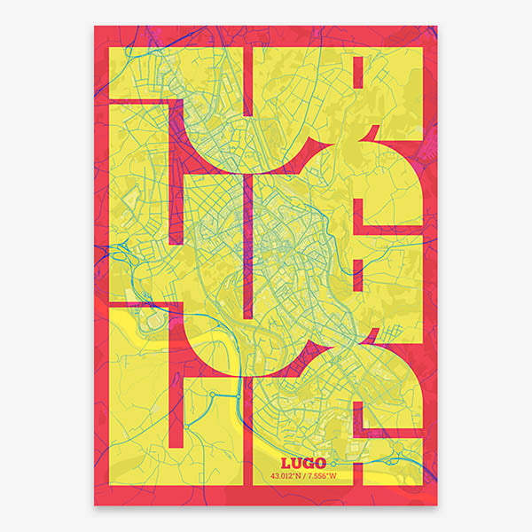 Poster of Lugo composed with letters from its abbreviation or its airport IATA code printed on yellow and fuchsia