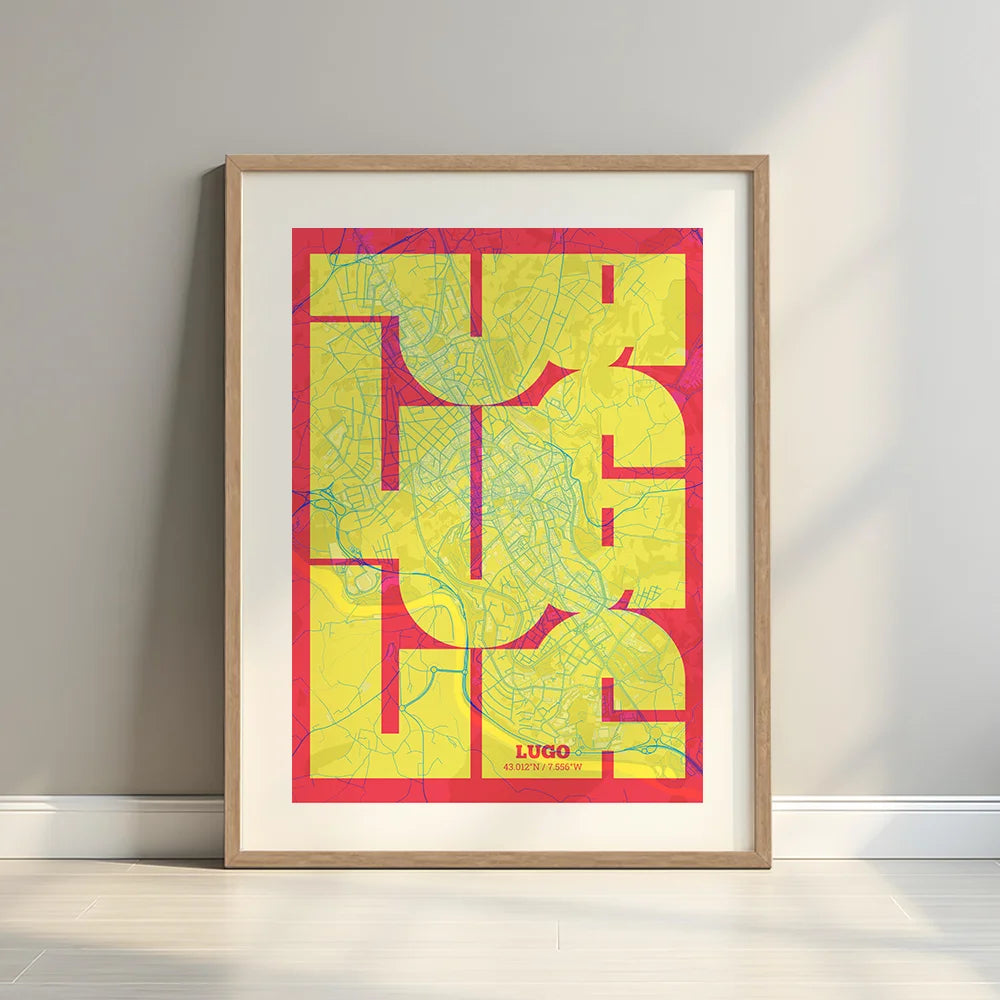 Framed Lugo in Inseparable design, featuring the city's abbreviation in expressive typography over a detailed urban map designed in yellow and fuchsia with a white margin border in a warm lit minimalist setting