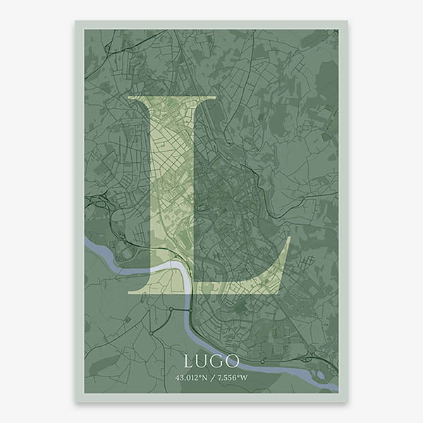 Decorative map of Lugo composed with letters in serif font printed on two green tones