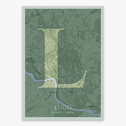 Decorative map of Lugo composed with letters in serif font printed on two green tones
