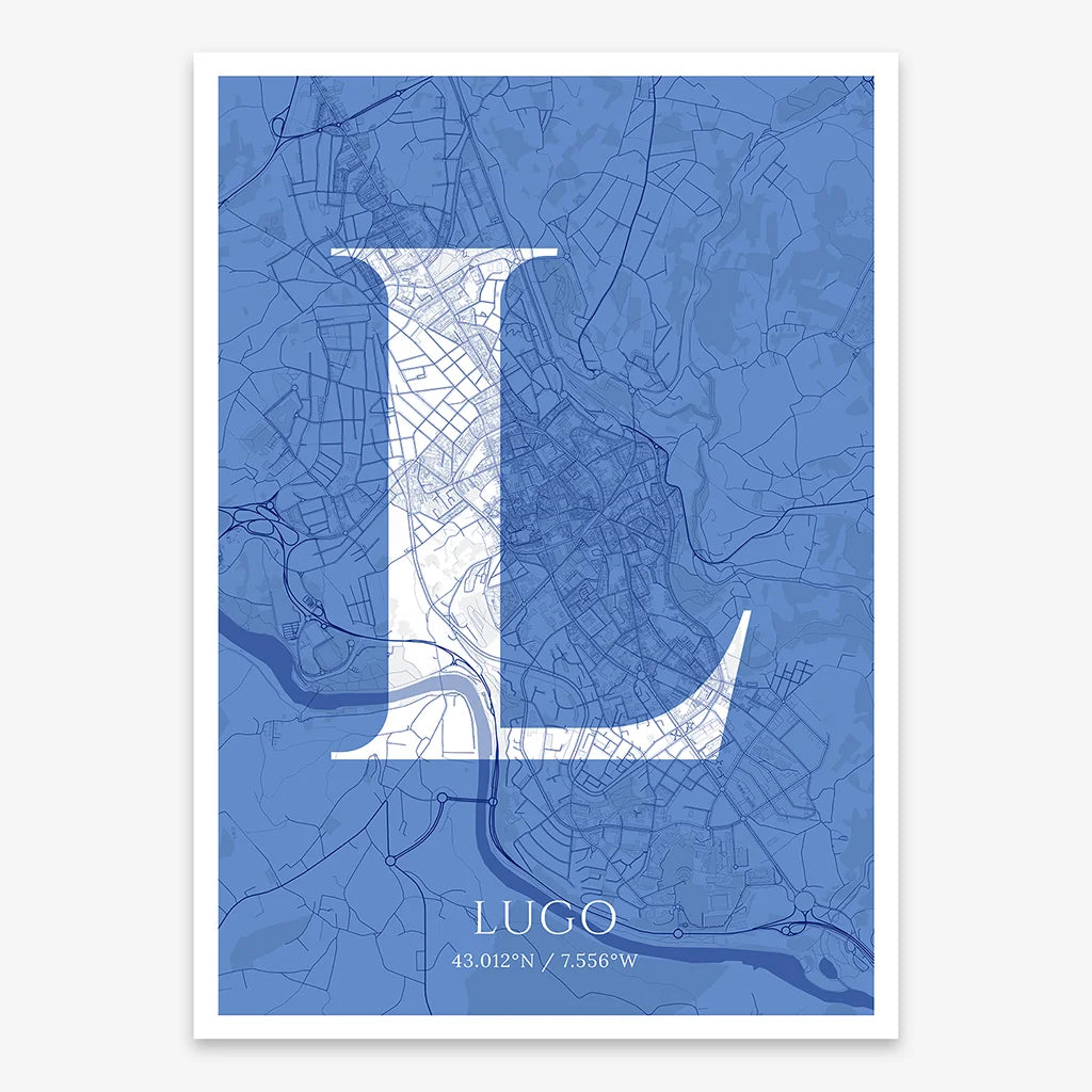Decorative map of Lugo composed with letters in serif font printed on navy blue and white