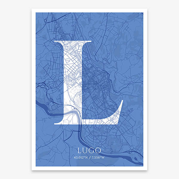 Decorative map of Lugo composed with letters in serif font printed on navy blue and white