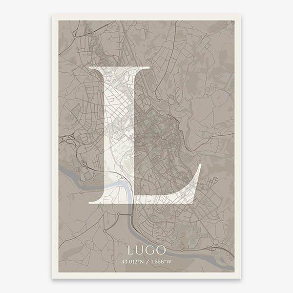 Decorative map of Lugo composed with letters in serif font printed on light brown and an off-white background