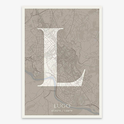 Decorative map of Lugo composed with letters in serif font printed on light brown and an off-white background