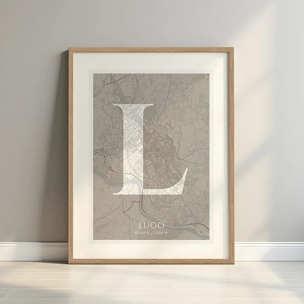 Framed Lugo in Classic design, inspired by chiseled typography with an elegant font that creates a beautiful visual contrast designed in light brown and an off-white background with a white margin border in a warm lit minimalist setting