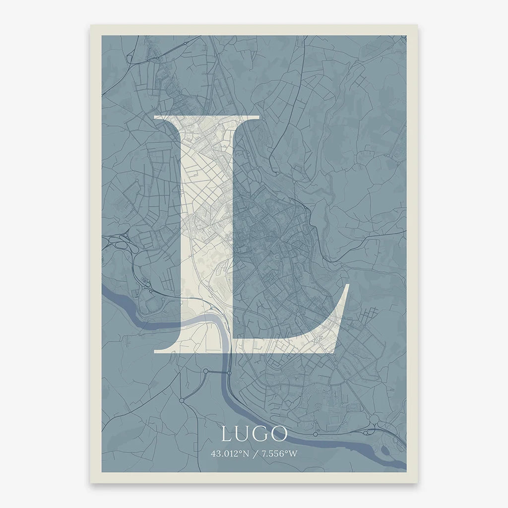 Decorative map of Lugo composed with letters in serif font printed on bluish gray and an off-white background