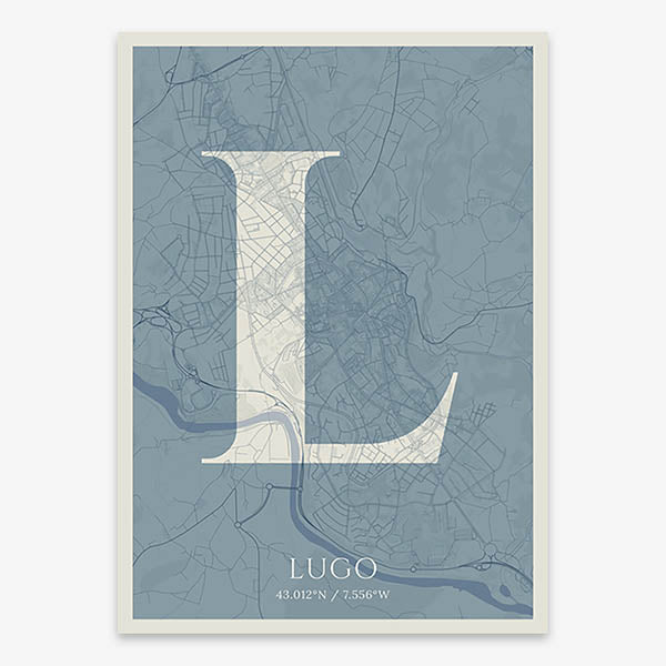 Decorative map of Lugo composed with letters in serif font printed on bluish gray and an off-white background