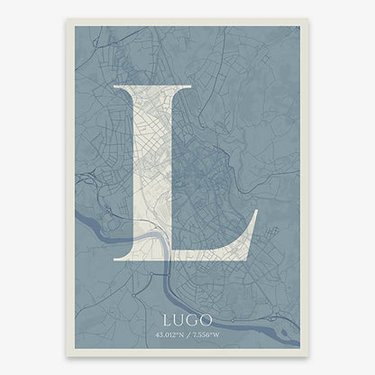 Decorative map of Lugo composed with letters in serif font printed on bluish gray and an off-white background