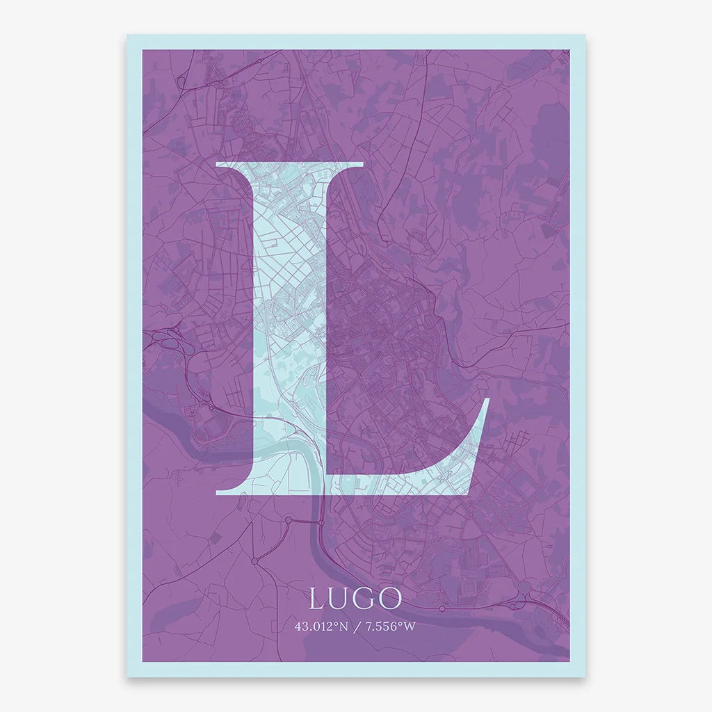 Decorative map of Lugo composed with letters in serif font printed on purple and light blue