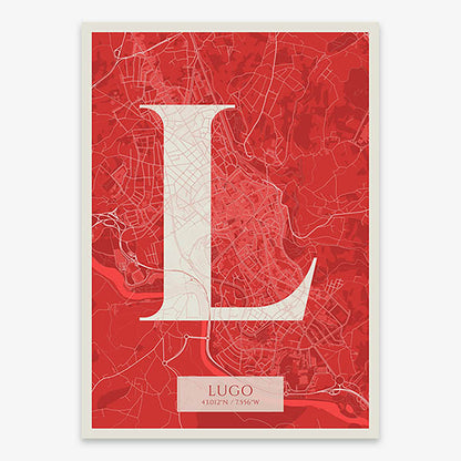 Decorative map of Lugo composed with letters in serif font printed on red and an off-white background