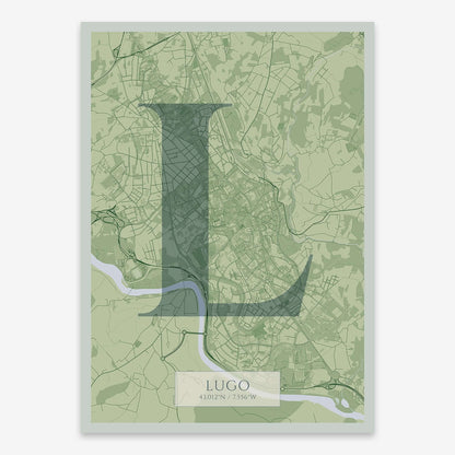 The map of Lugo composed with letters in serif font printed on two green tones