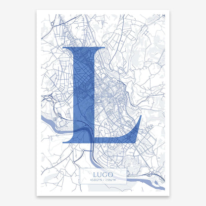 The map of Lugo composed with letters in serif font printed on navy blue and white