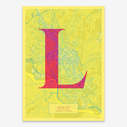The map of Lugo composed with letters in serif font printed on yellow and fuchsia