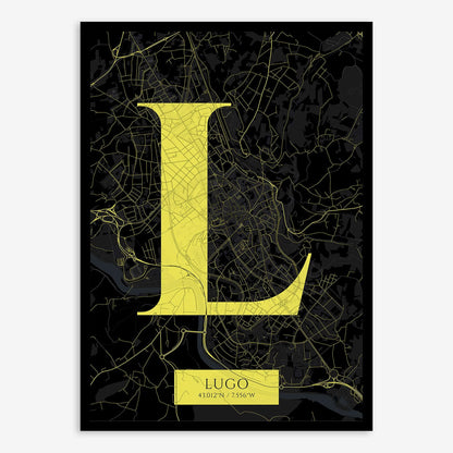The map of Lugo composed with letters in serif font printed on black and yellow