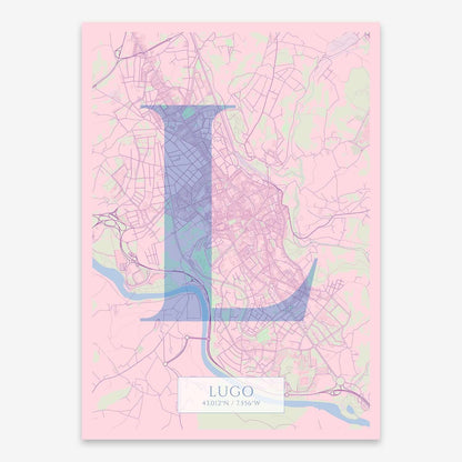 The map of Lugo composed with letters in serif font printed on pink and light blue