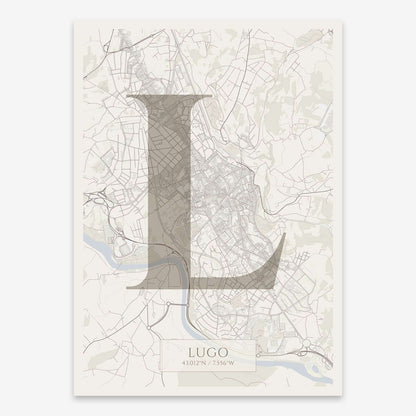 The map of Lugo composed with letters in serif font printed on light brown and an off-white background