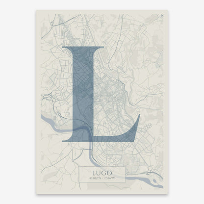 The map of Lugo composed with letters in serif font printed on bluish gray and an off-white background