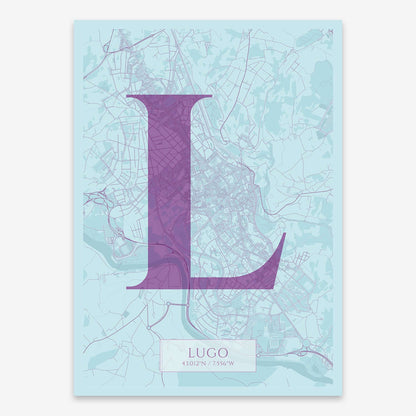 The map of Lugo composed with letters in serif font printed on purple and light blue