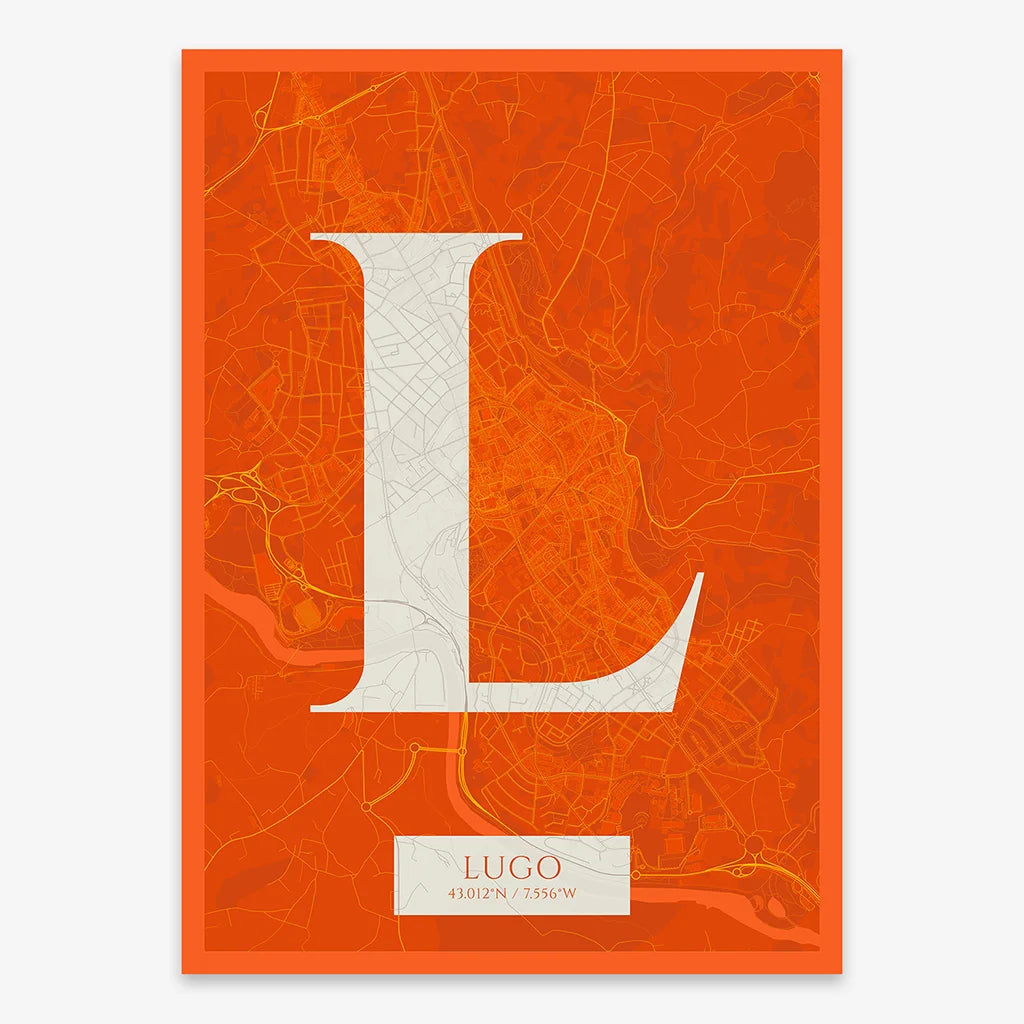 Decorative map of Lugo composed with letters in serif font printed on orange and an off-white background