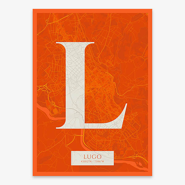 Decorative map of Lugo composed with letters in serif font printed on orange and an off-white background