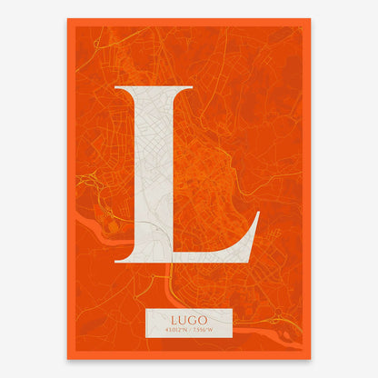 The map of Lugo composed with letters in serif font printed on orange and an off-white background