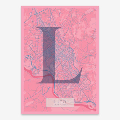 The map of Lugo composed with letters in serif font printed on violet y pink background