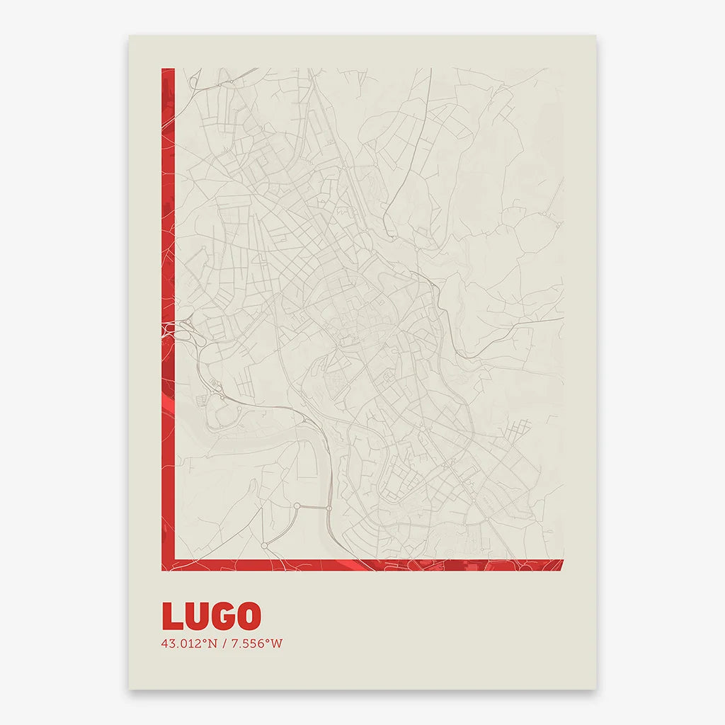 Poster of Lugo composed with letters in extra light font printed on red and an off-white background