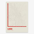 Poster of Lugo composed with letters in extra light font printed on red and an off-white background