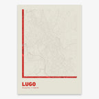 Poster of Lugo composed with letters in extra light font printed on red and an off-white background