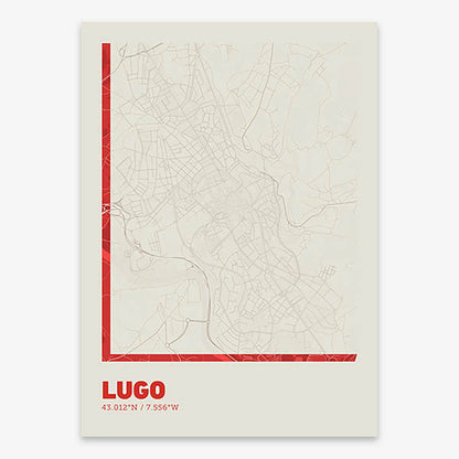 Poster of Lugo composed with letters in extra light font printed on red and an off-white background