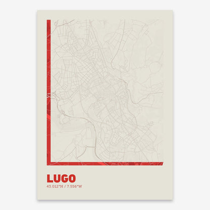 The map of Lugo composed with letters in extra light font printed on red and an off-white background