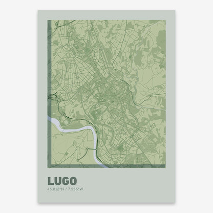 The map of Lugo composed with letters in extra light font printed on two green tones