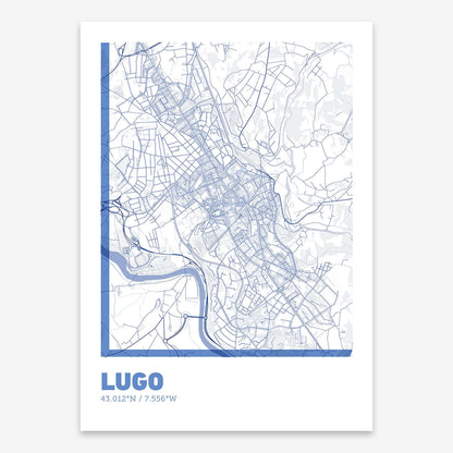The map of Lugo composed with letters in extra light font printed on navy blue and white